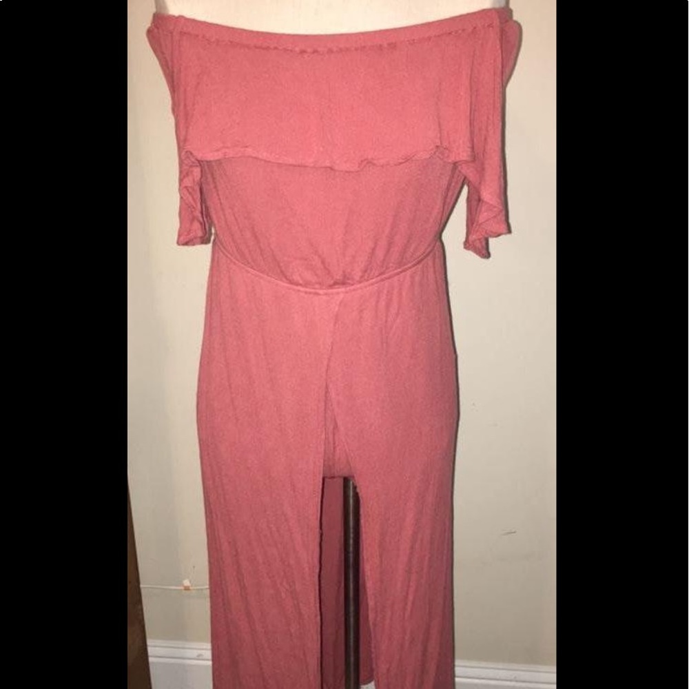 Rust pink off the shoulder romper with overskirt